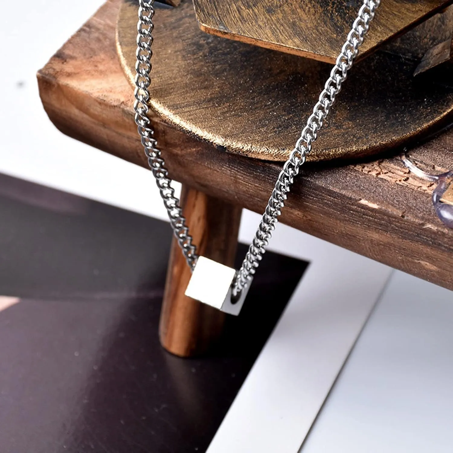 Men's Stainless Steel Pendant Necklaces Square Cube Sweater Chain Minimalist Couple Necklace