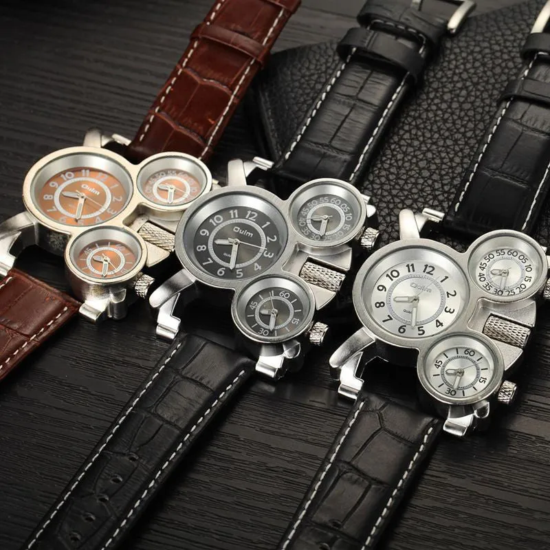 Mens Watches Oulm Top Brand Luxury Military Quartz Watch Unique 3 Small Dials Leather Strap Male Wristwatch Relojes Hombre