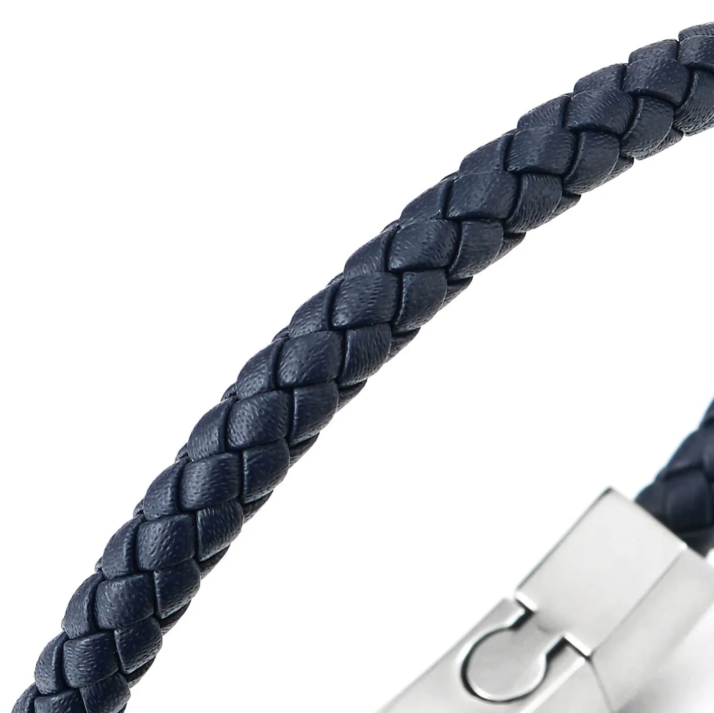 Mens Women Thin Dark Blue Braided Leather Bracelet Leather Bangle Wristband, Steel Magnetic Clasp