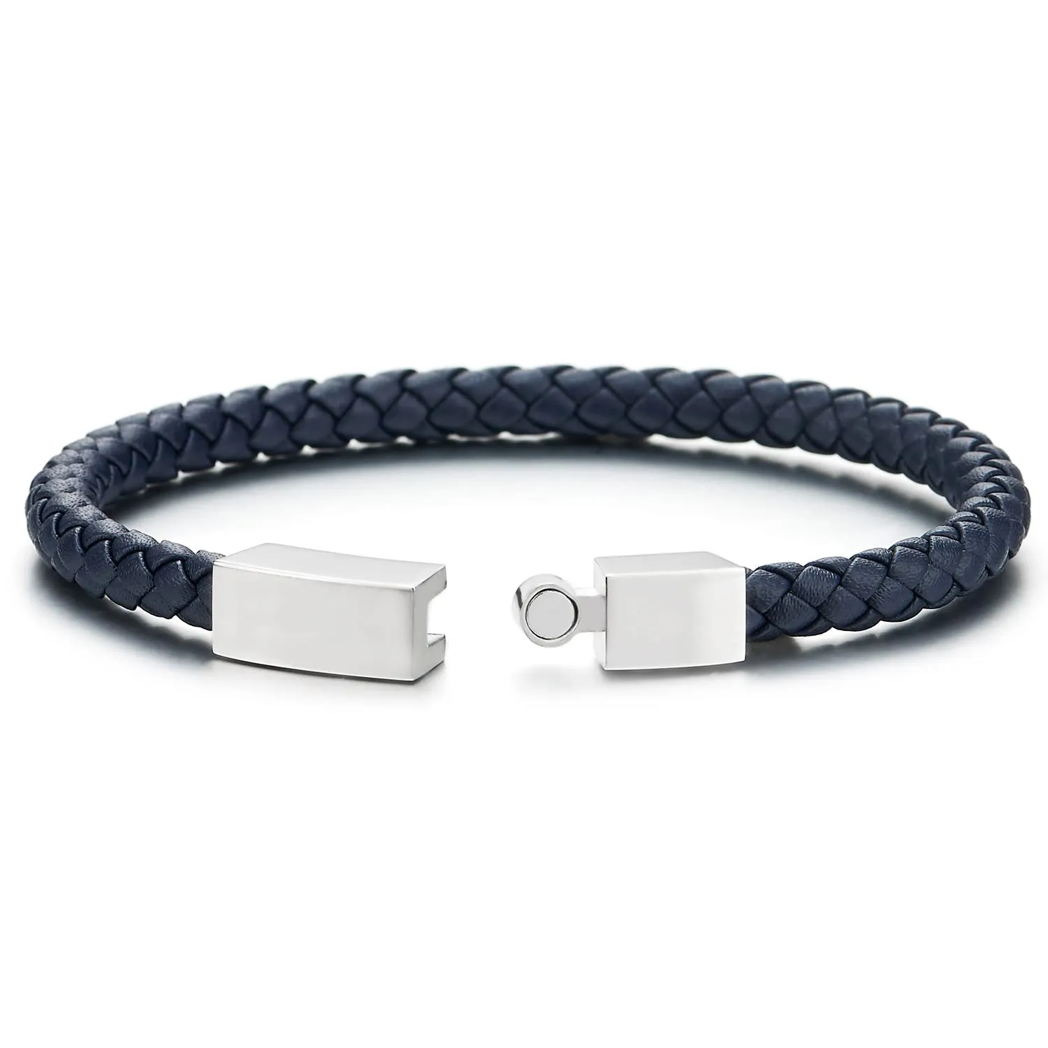 Mens Women Thin Dark Blue Braided Leather Bracelet Leather Bangle Wristband, Steel Magnetic Clasp