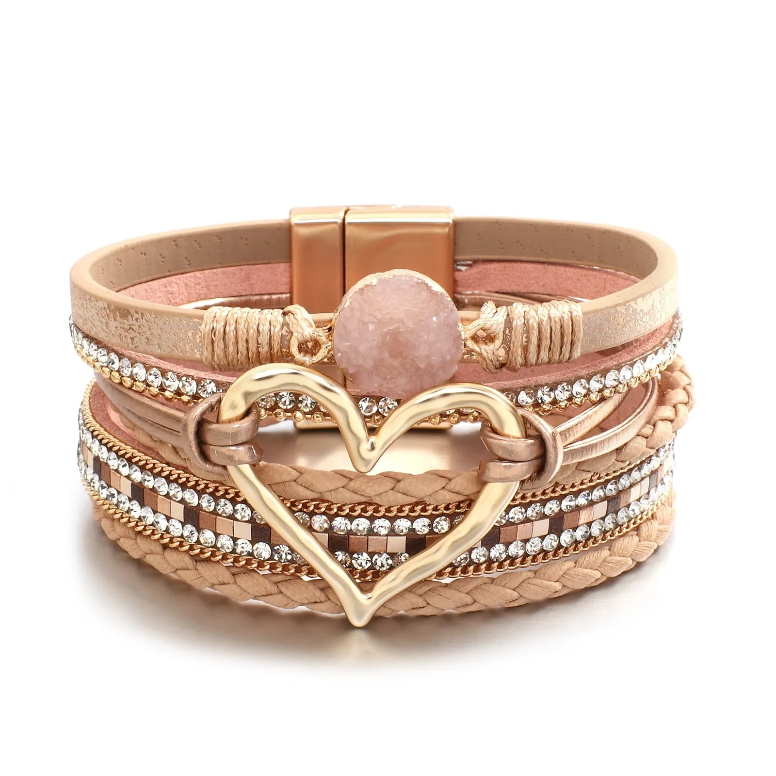 Metal Love Heart Charm Leather Bracelets for Women