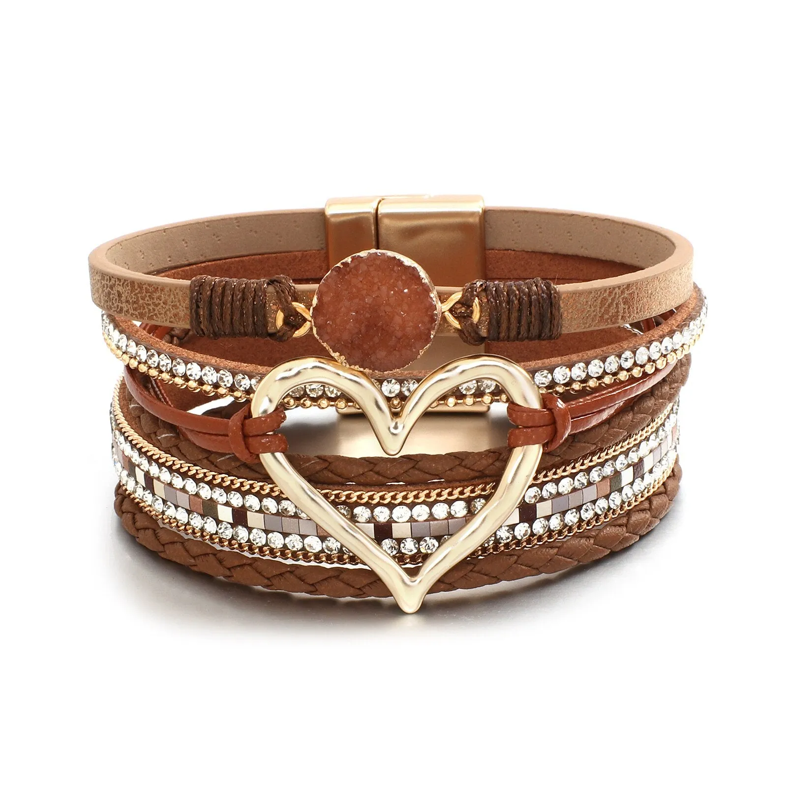 Metal Love Heart Charm Leather Bracelets for Women