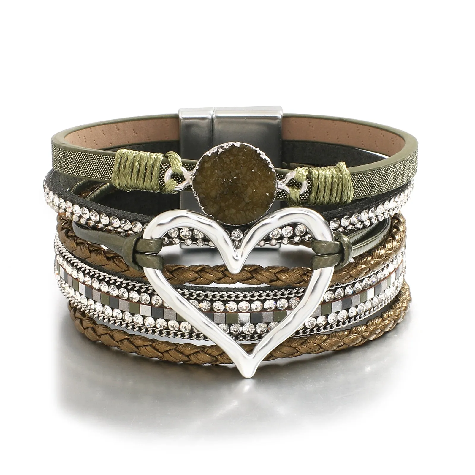 Metal Love Heart Charm Leather Bracelets for Women