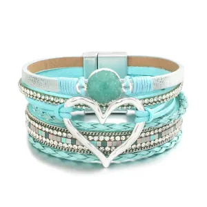 Metal Love Heart Charm Leather Bracelets for Women