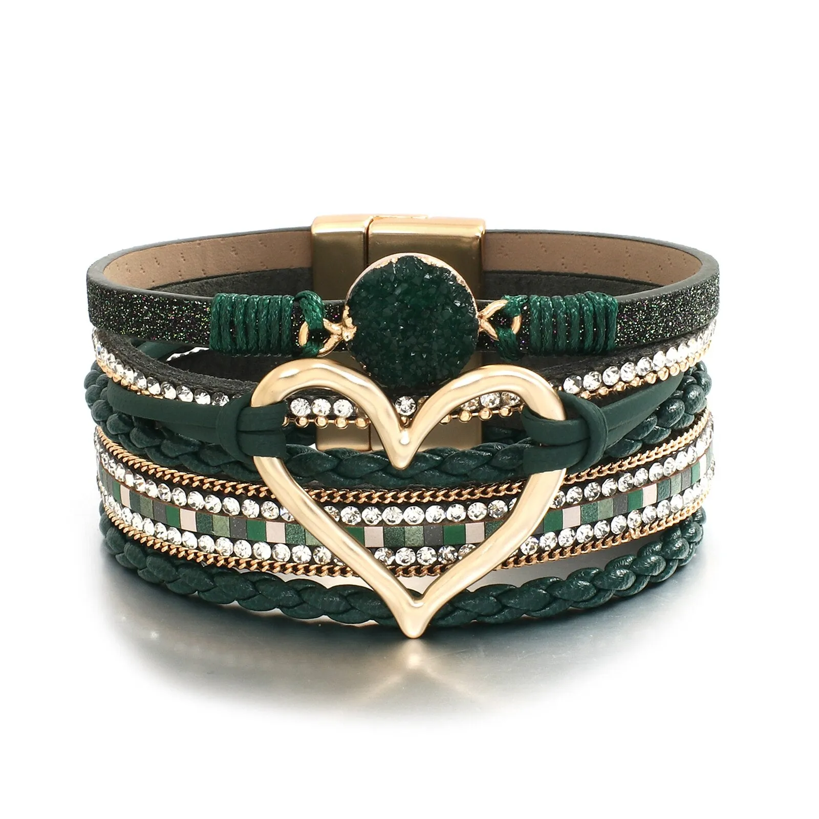 Metal Love Heart Charm Leather Bracelets for Women
