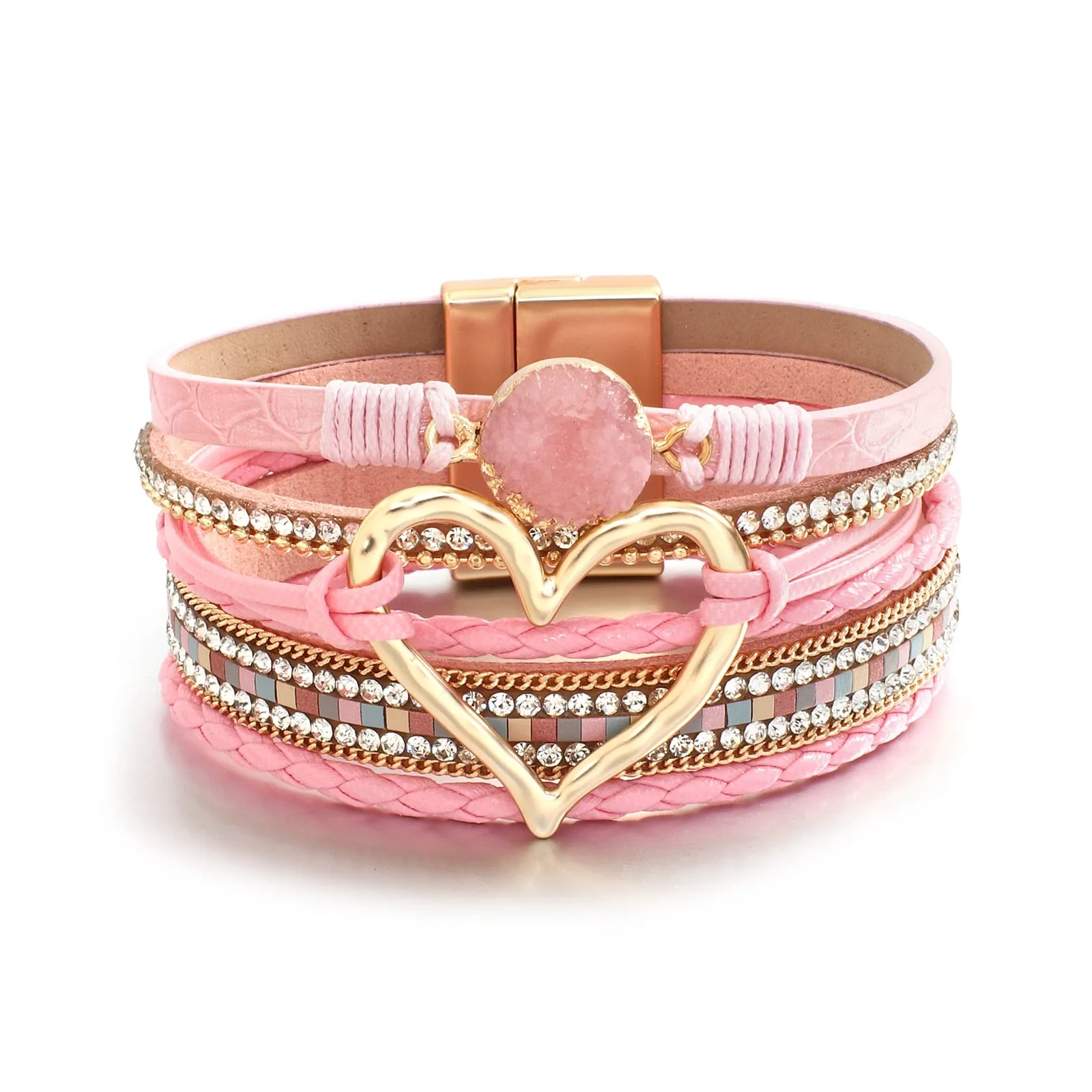 Metal Love Heart Charm Leather Bracelets for Women