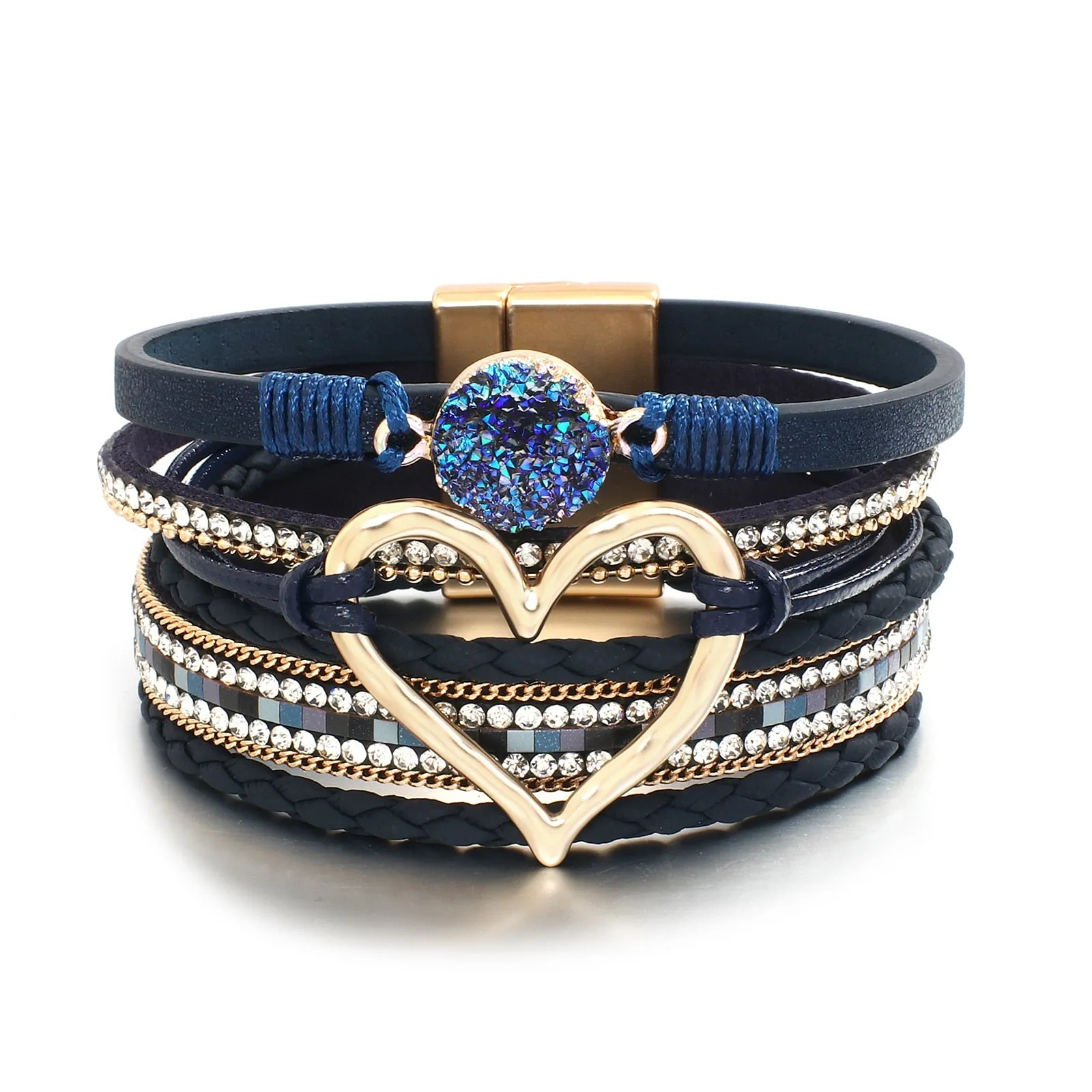 Metal Love Heart Charm Leather Bracelets for Women