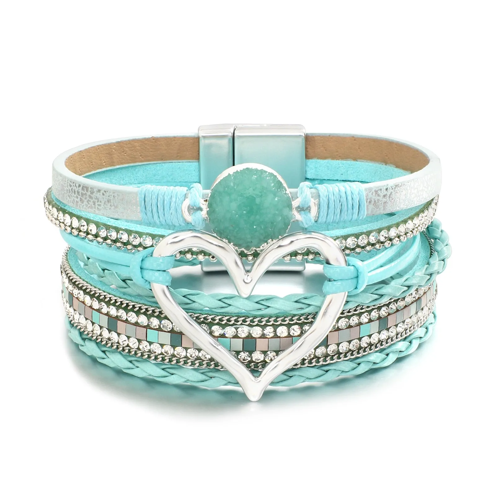 Metal Love Heart Charm Leather Bracelets for Women