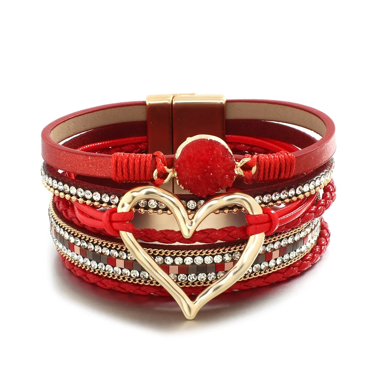 Metal Love Heart Charm Leather Bracelets for Women