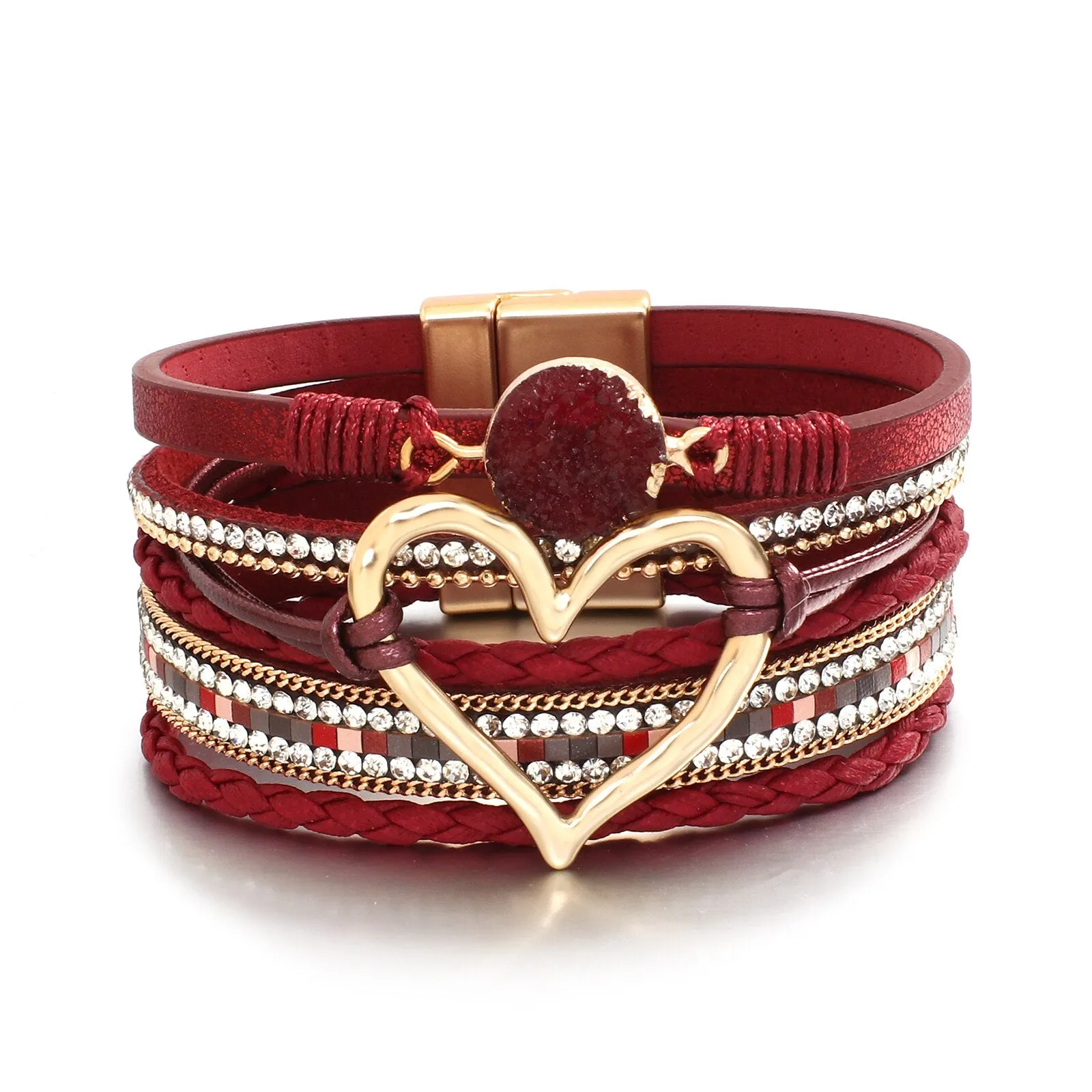 Metal Love Heart Charm Leather Bracelets for Women