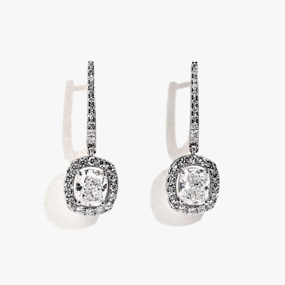 2 ?/? ctw Cushion and Round Lab Grown Diamond Halo Drop Earrings Delicate Feature