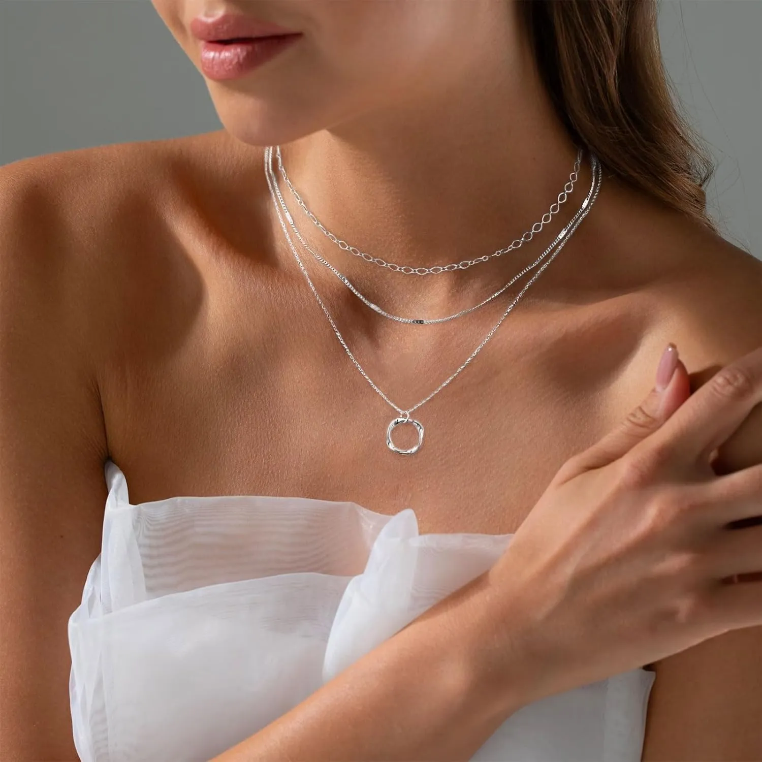MIDEEO Gold/Silver Layered Necklaces for Women,Stackable Choker Necklaces for Women Trendy Layering Circle Cross Pendant Paperclip Box Flat Mariner Chain Necklace Set Jewelry Gifts for Women