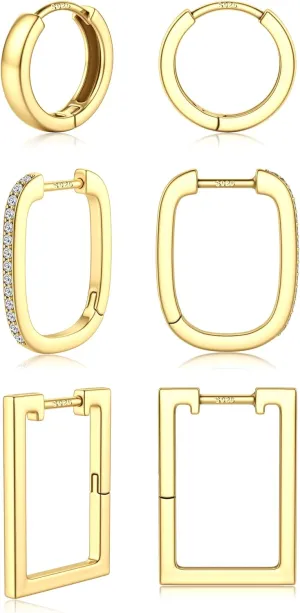 MILACOLATO 3 Pairs Gold Hoop Earrings for Women 14K Gold Filled 925 Sterling Silver Post Small Chunky Gold Hoop Earrings Hypoallergenic Trendy Gold Huggie Earrings Stacks for Multiple Piercing