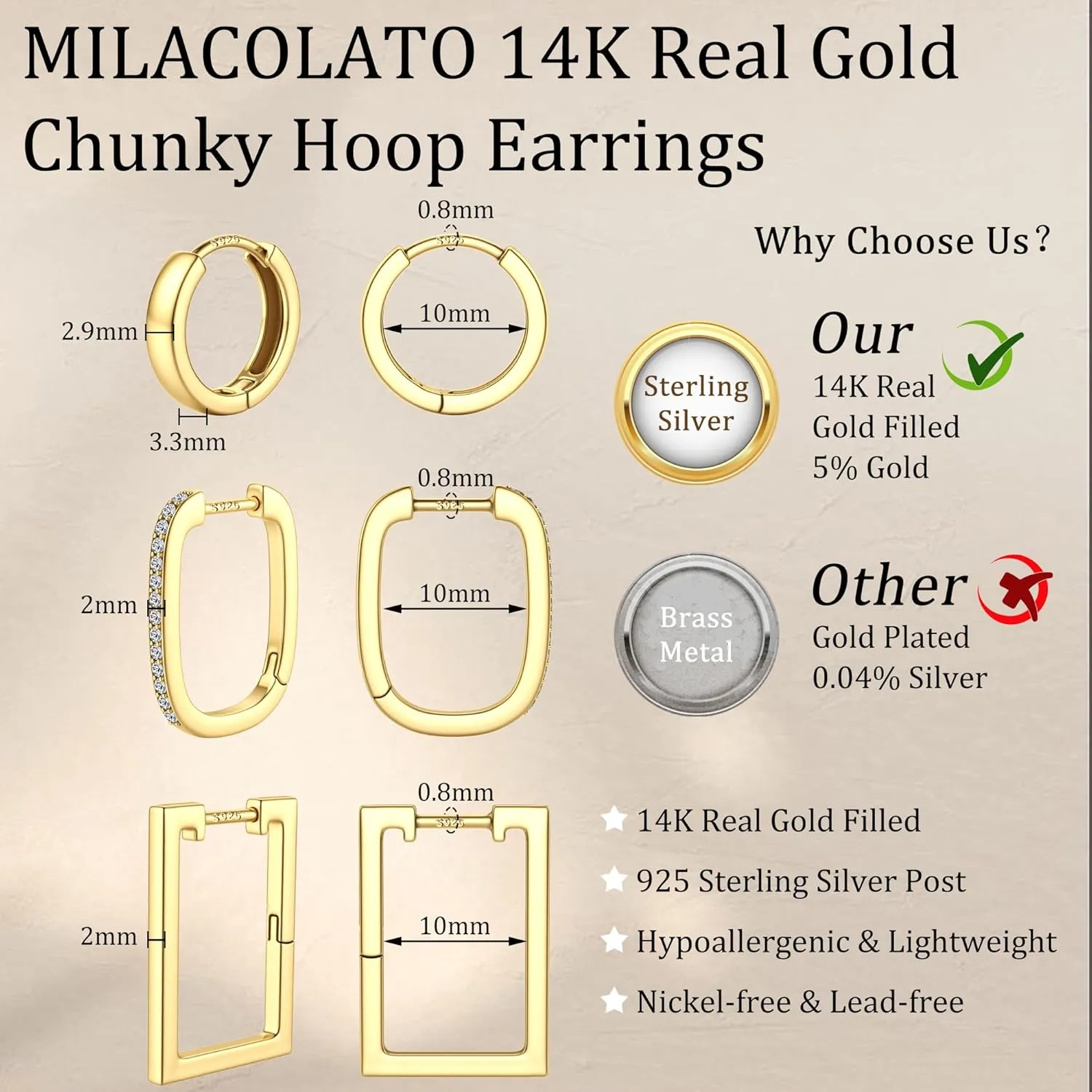 MILACOLATO 3 Pairs Gold Hoop Earrings for Women 14K Gold Filled 925 Sterling Silver Post Small Chunky Gold Hoop Earrings Hypoallergenic Trendy Gold Huggie Earrings Stacks for Multiple Piercing