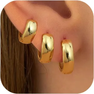 MILACOLATO 3 Pairs Gold Hoop Earrings for Women 14K Gold Filled 925 Sterling Silver Post Small Chunky Gold Hoop Earrings Hypoallergenic Trendy Gold Huggie Earrings Stacks for Multiple Piercing