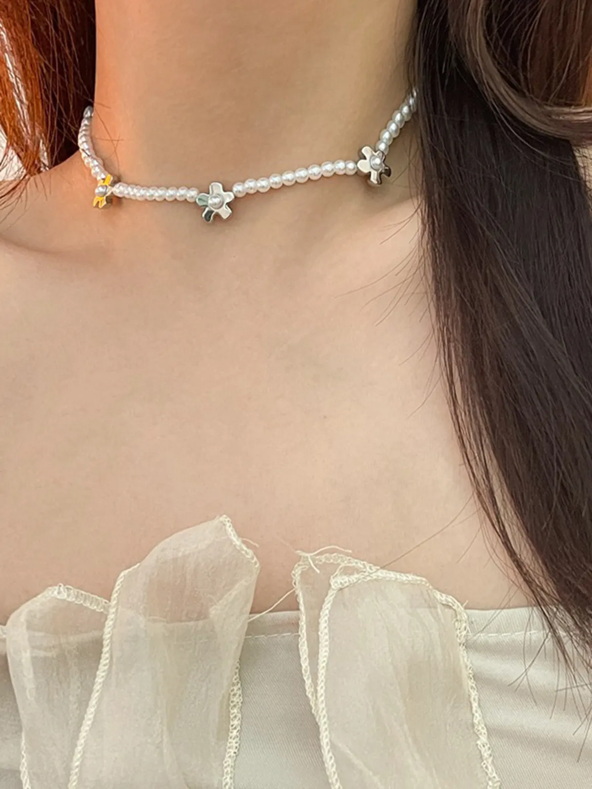 Millet Beads Pearl Flower Collarbone Ball Chain Necklace