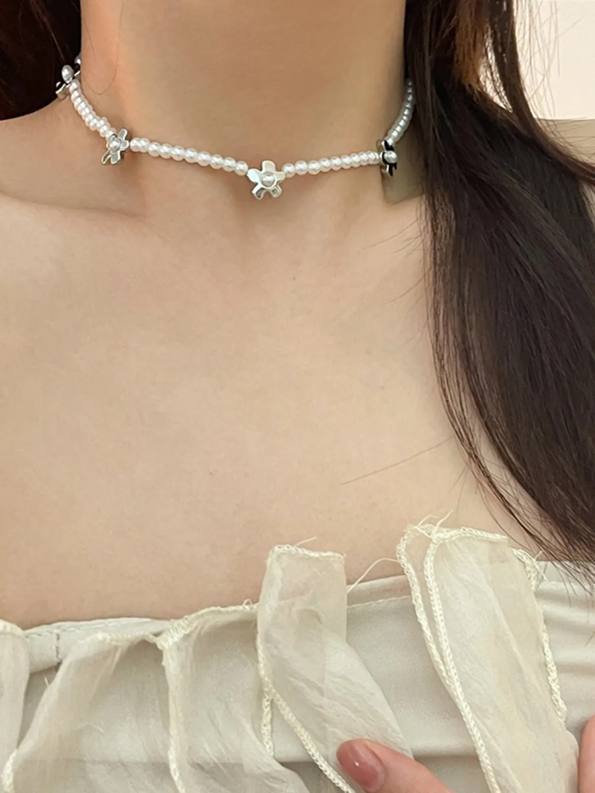 Millet Beads Pearl Flower Collarbone Ball Chain Necklace