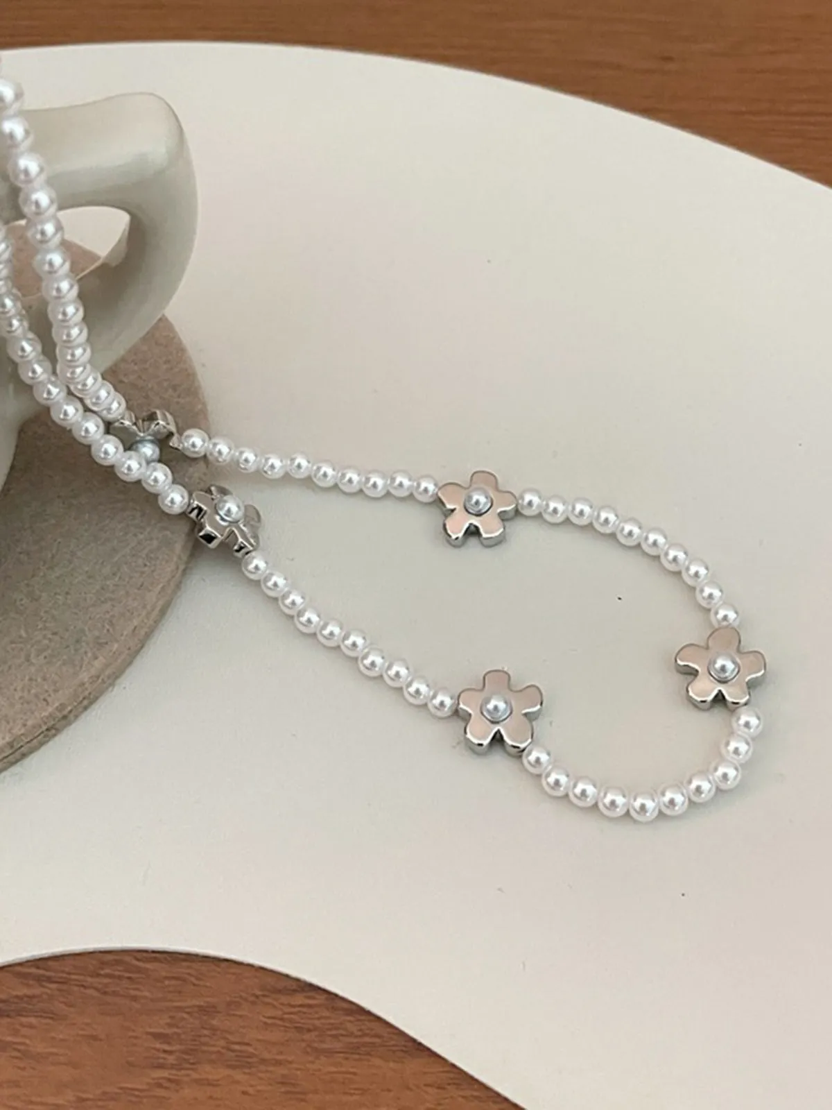 Millet Beads Pearl Flower Collarbone Ball Chain Necklace