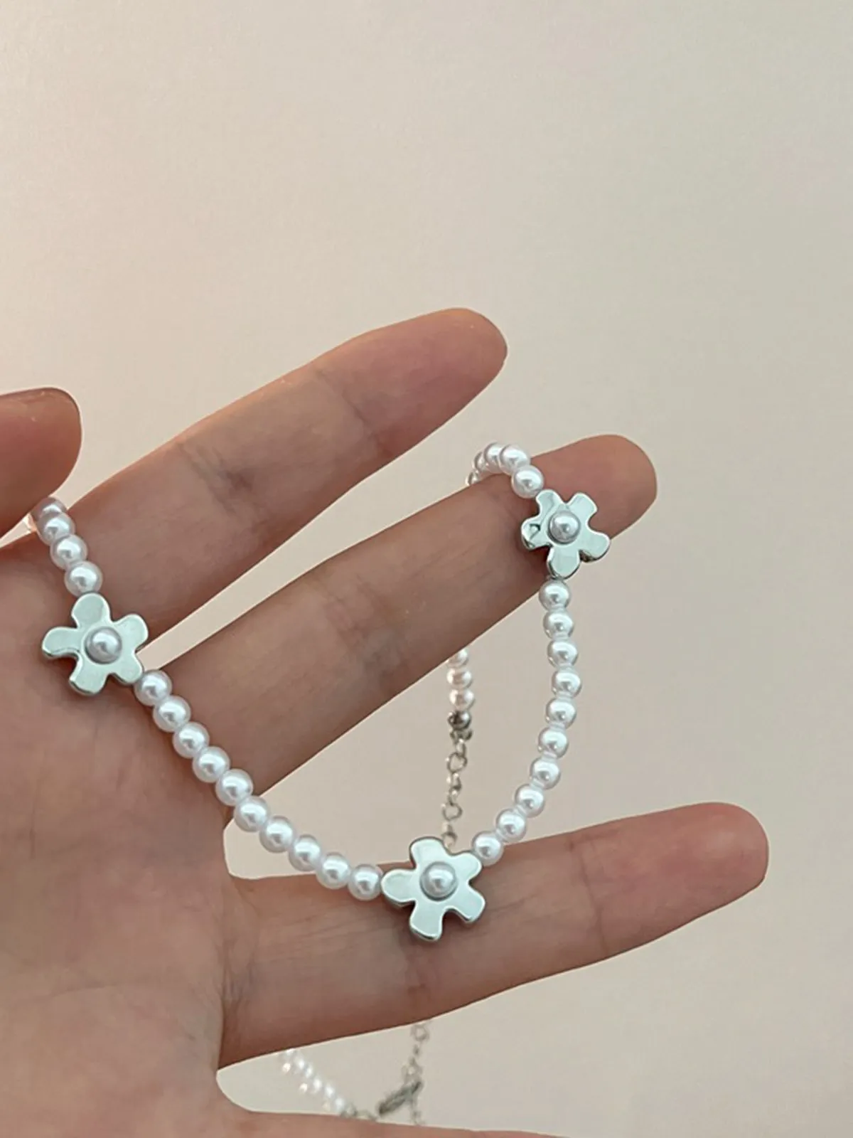 Millet Beads Pearl Flower Collarbone Ball Chain Necklace