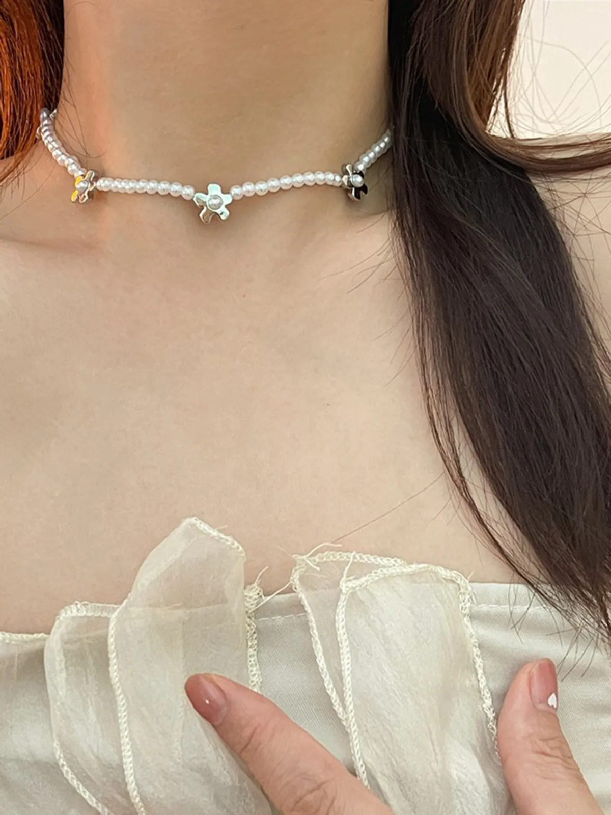 Millet Beads Pearl Flower Collarbone Ball Chain Necklace