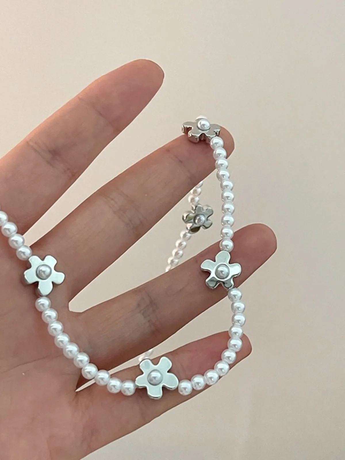 Millet Beads Pearl Flower Collarbone Ball Chain Necklace