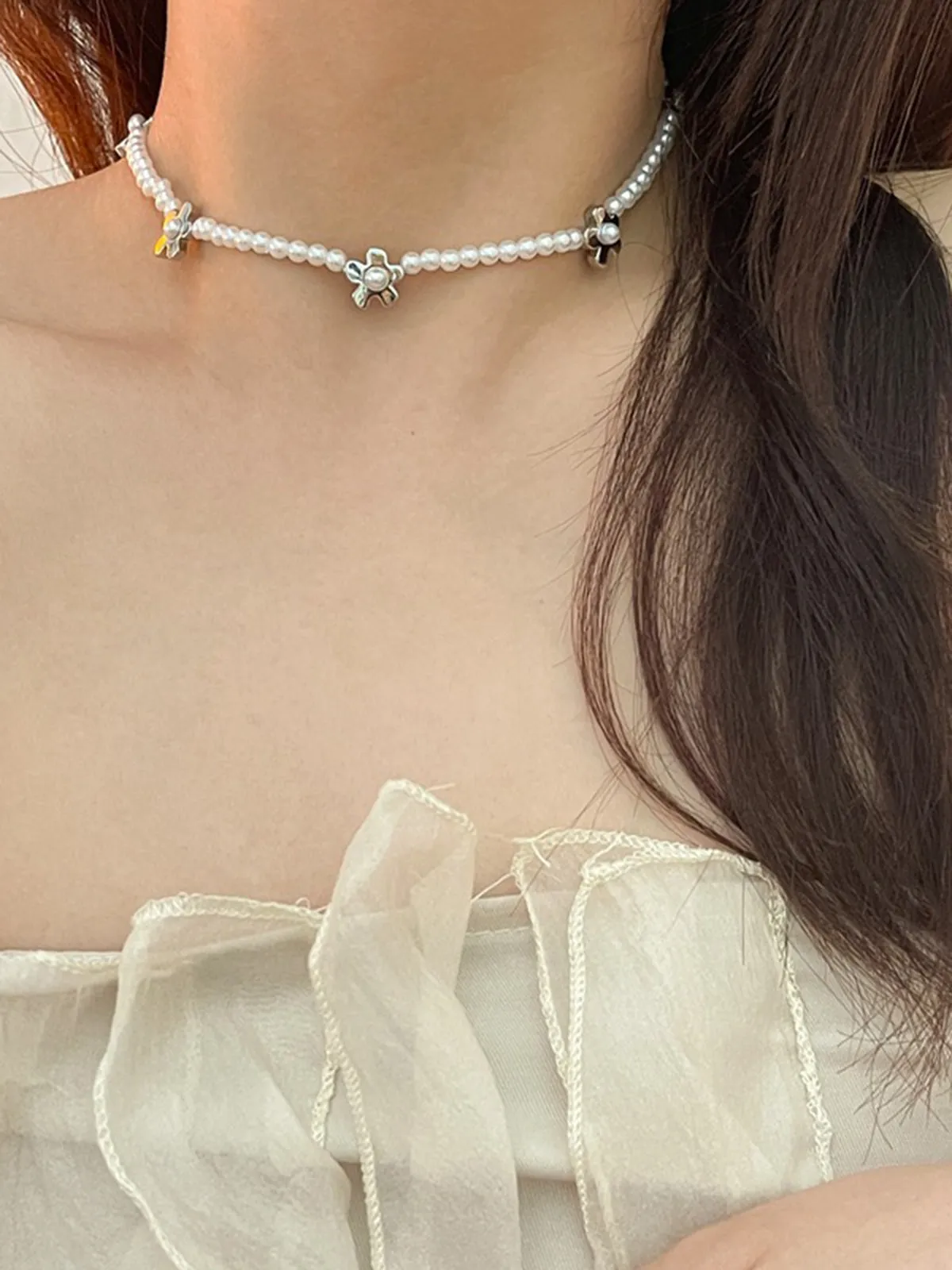 Millet Beads Pearl Flower Collarbone Ball Chain Necklace
