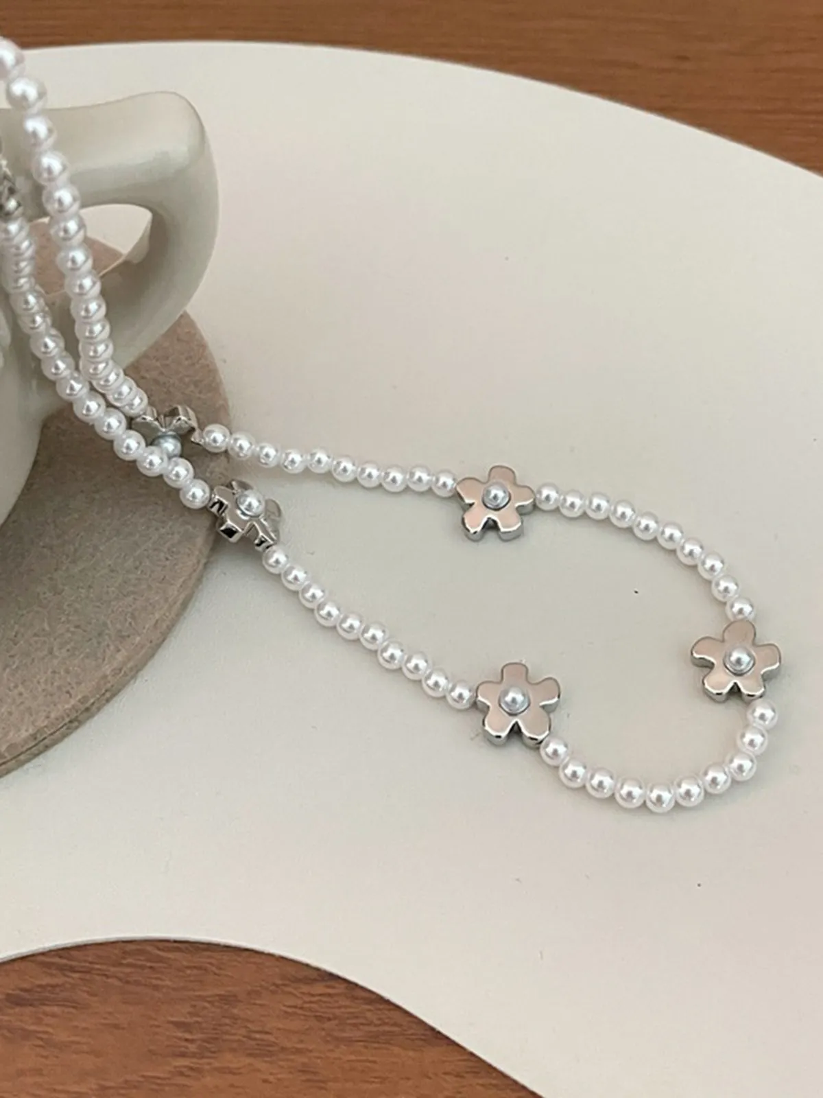 Millet Beads Pearl Flower Collarbone Ball Chain Necklace