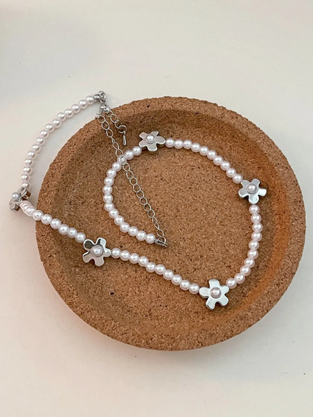 Millet Beads Pearl Flower Collarbone Ball Chain Necklace