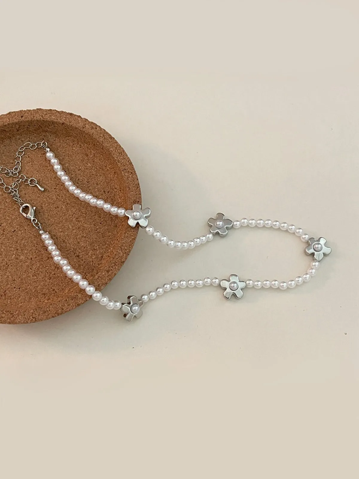 Millet Beads Pearl Flower Collarbone Ball Chain Necklace