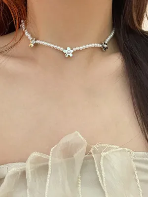 Millet Beads Pearl Flower Collarbone Ball Chain Necklace