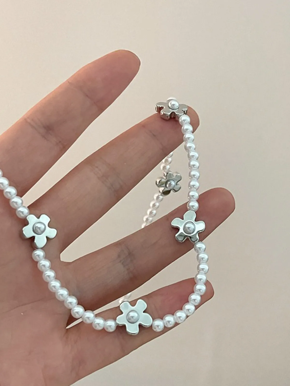 Millet Beads Pearl Flower Collarbone Ball Chain Necklace