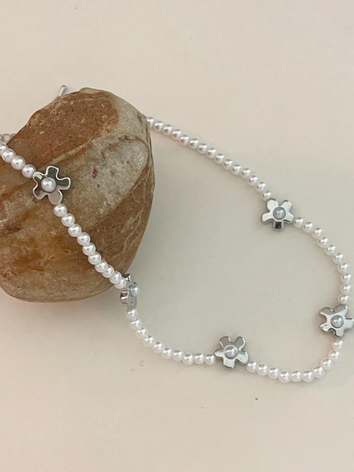 Millet Beads Pearl Flower Collarbone Ball Chain Necklace