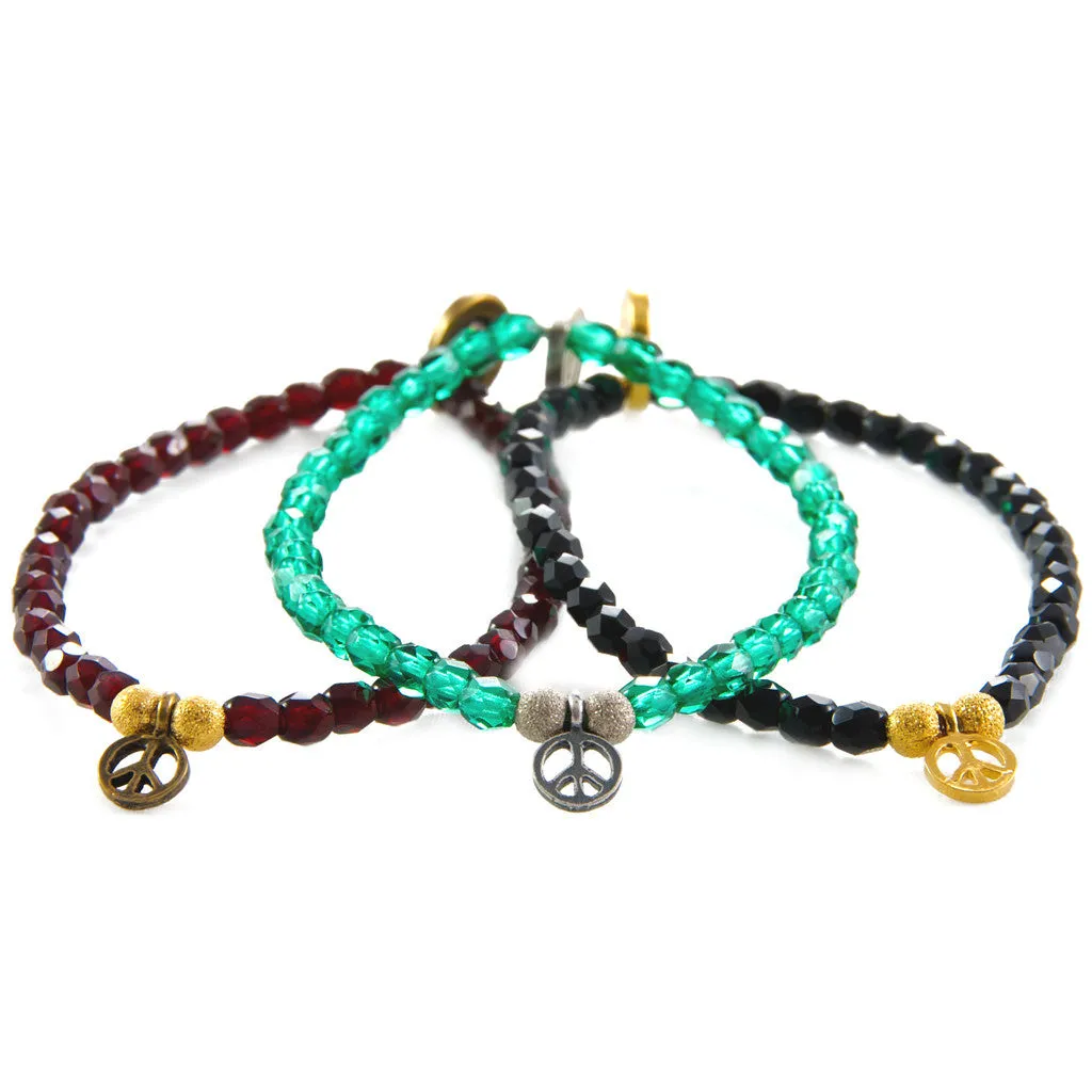 Mini Peace Symbol Charm Faceted Glass Bead Bracelet