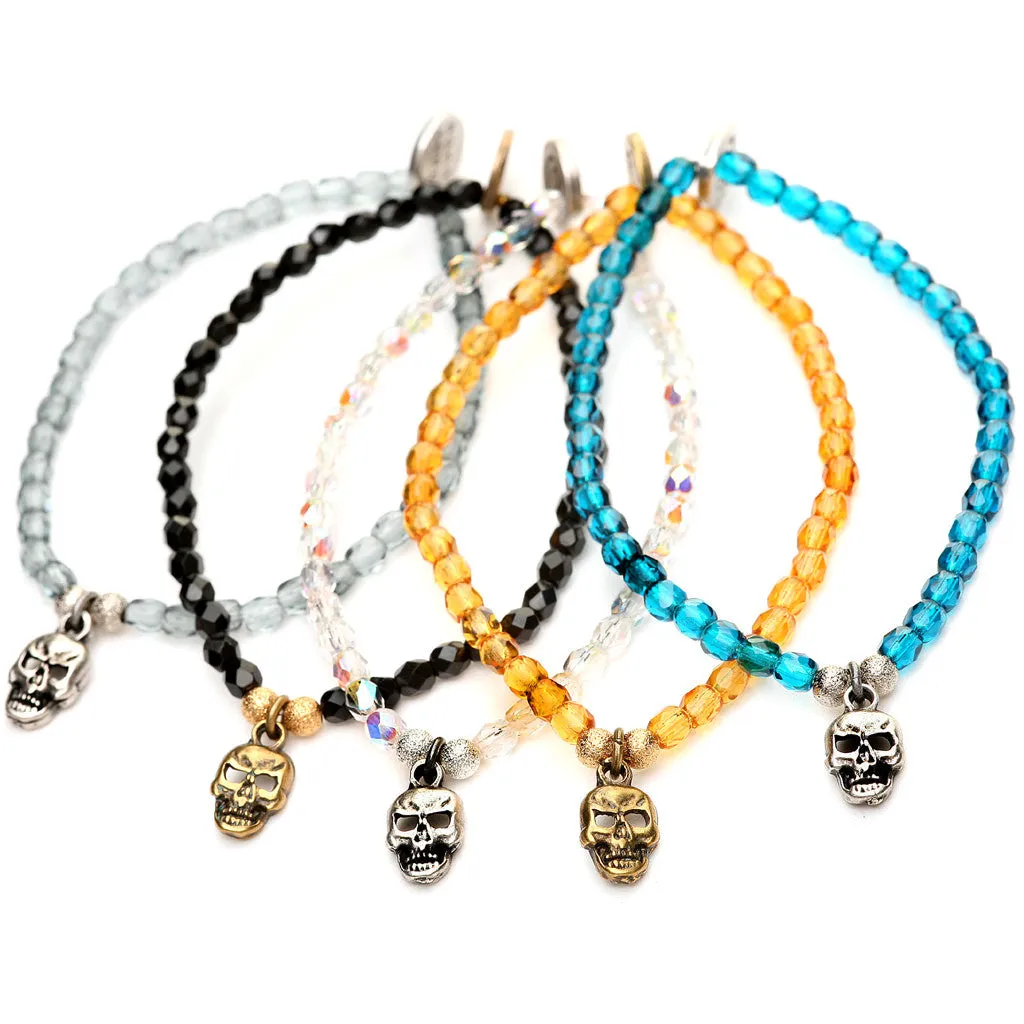 Mini Skull Charm Faceted Glass Bead Bracelet