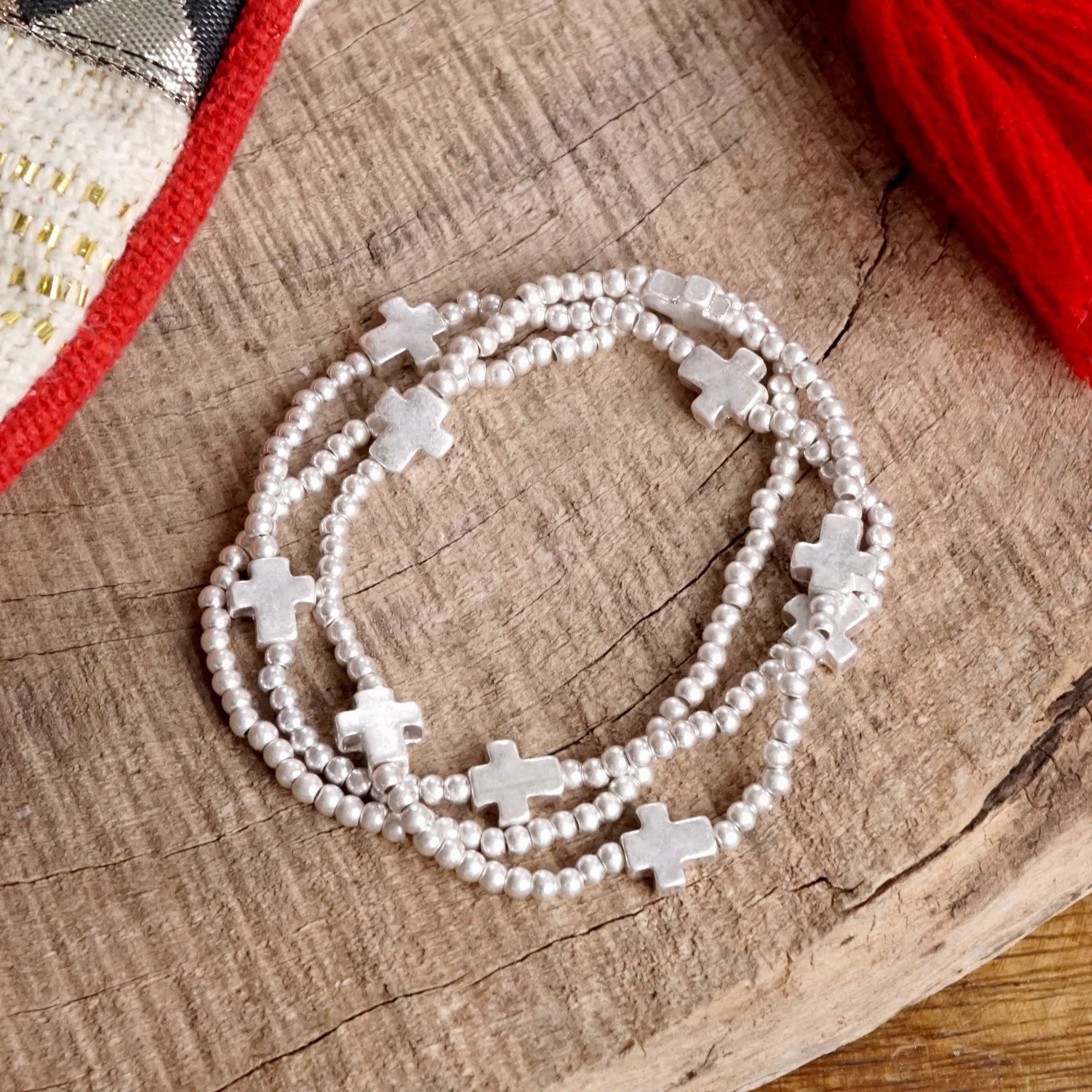 Unbridled Inspiration Genuine Class Mini Sideways Cross Bracelet Set Worn Gold and Silver Tones