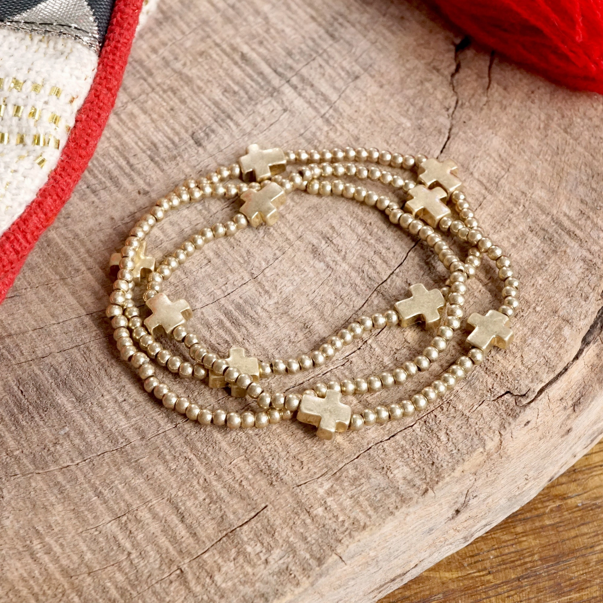 Mini Sideways Cross Bracelet Set Worn Gold and Silver Tones Minimalist Designs