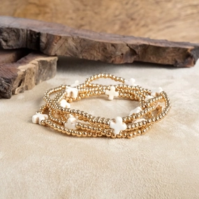 High Value Pearl Category Mini Stone Cross Bracelet Stack with Gold Ball Beads Turquoise Black White