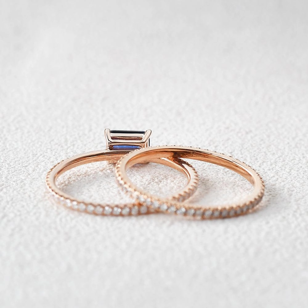 Luxurious Touch Delicate Features Felicegals Baguette Cut Sapphire Gold Ring Set 2pcs