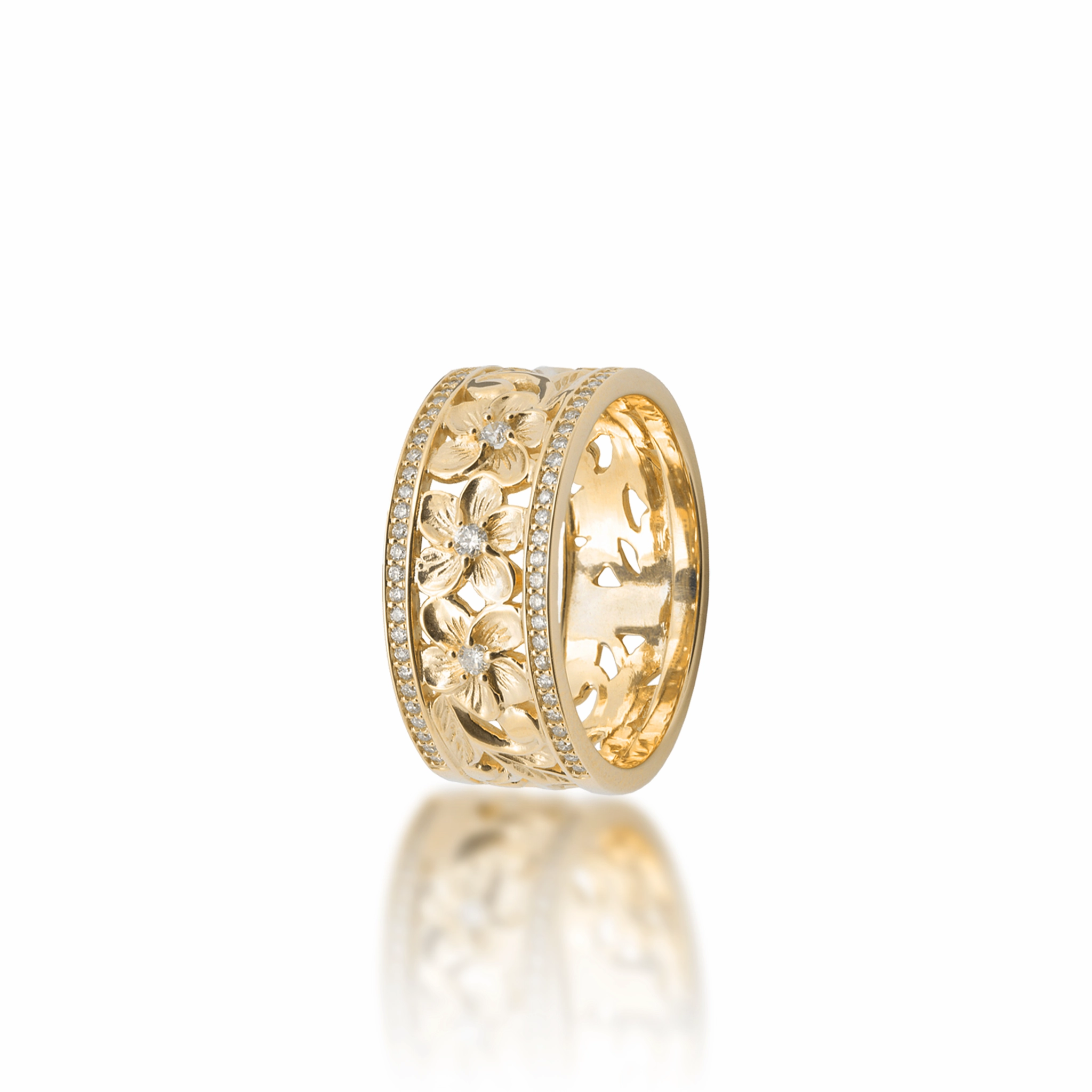 Fashionable pieces Hawaiian Heirloom Plumeria Ring in Gold with Diamonds -10mm