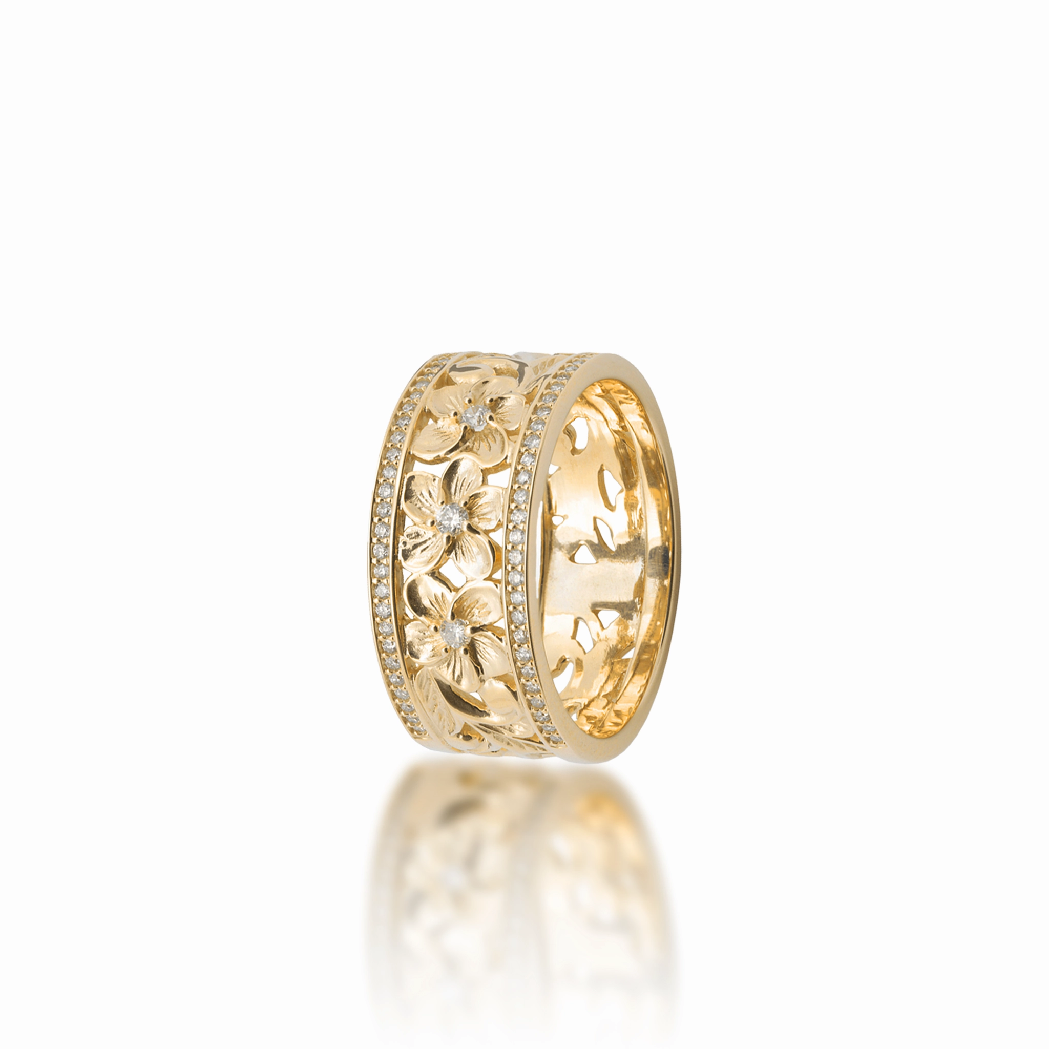 Hawaiian Heirloom Plumeria Ring in Gold with Diamonds -10mm Luxurious Style