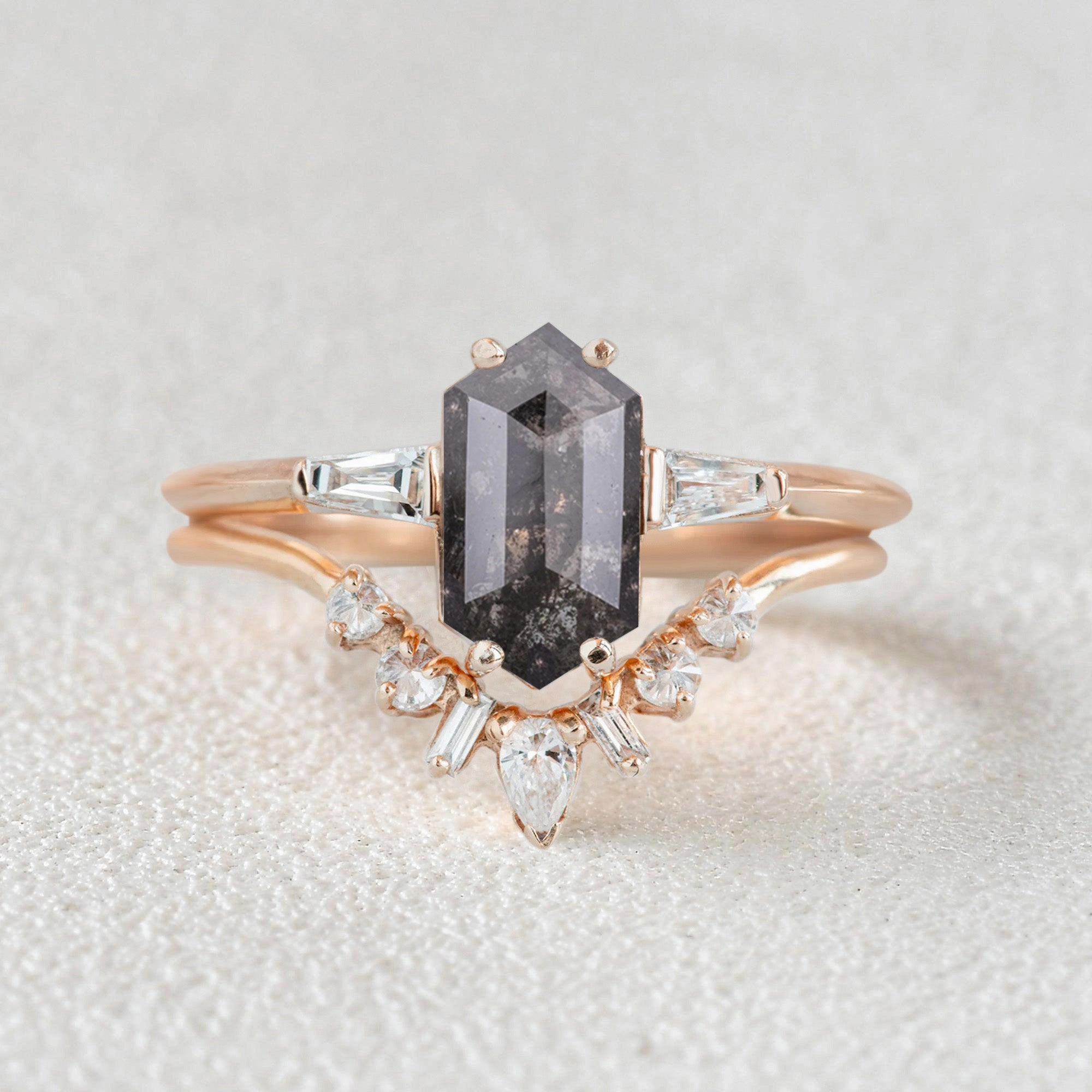 Long Hexagon Salt and Pepper Diamonds Three Stone Ring Set 2pcs Daytime Look