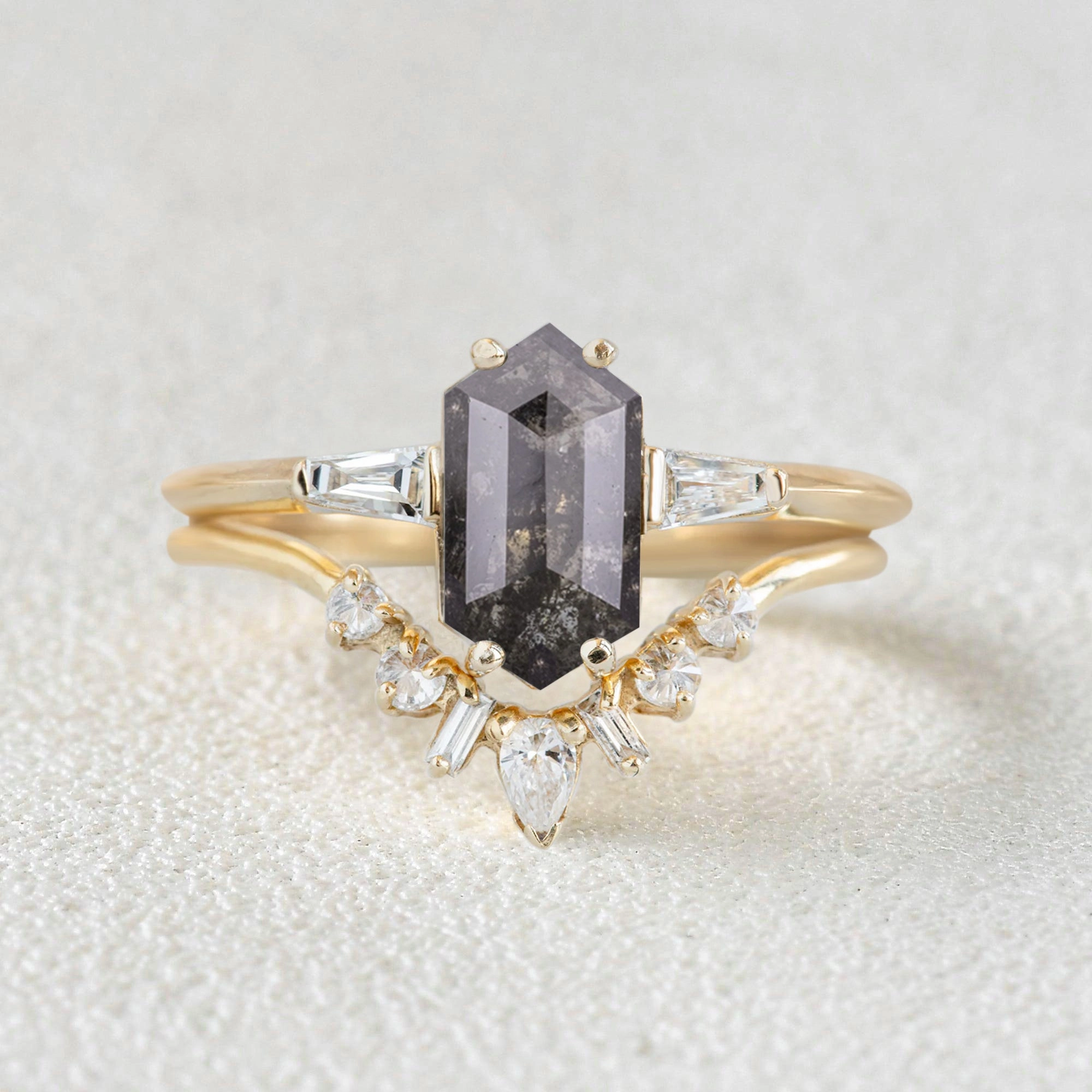 Long Hexagon Salt and Pepper Diamonds Three Stone Ring Set 2pcs Fashion Daily Unique Edge