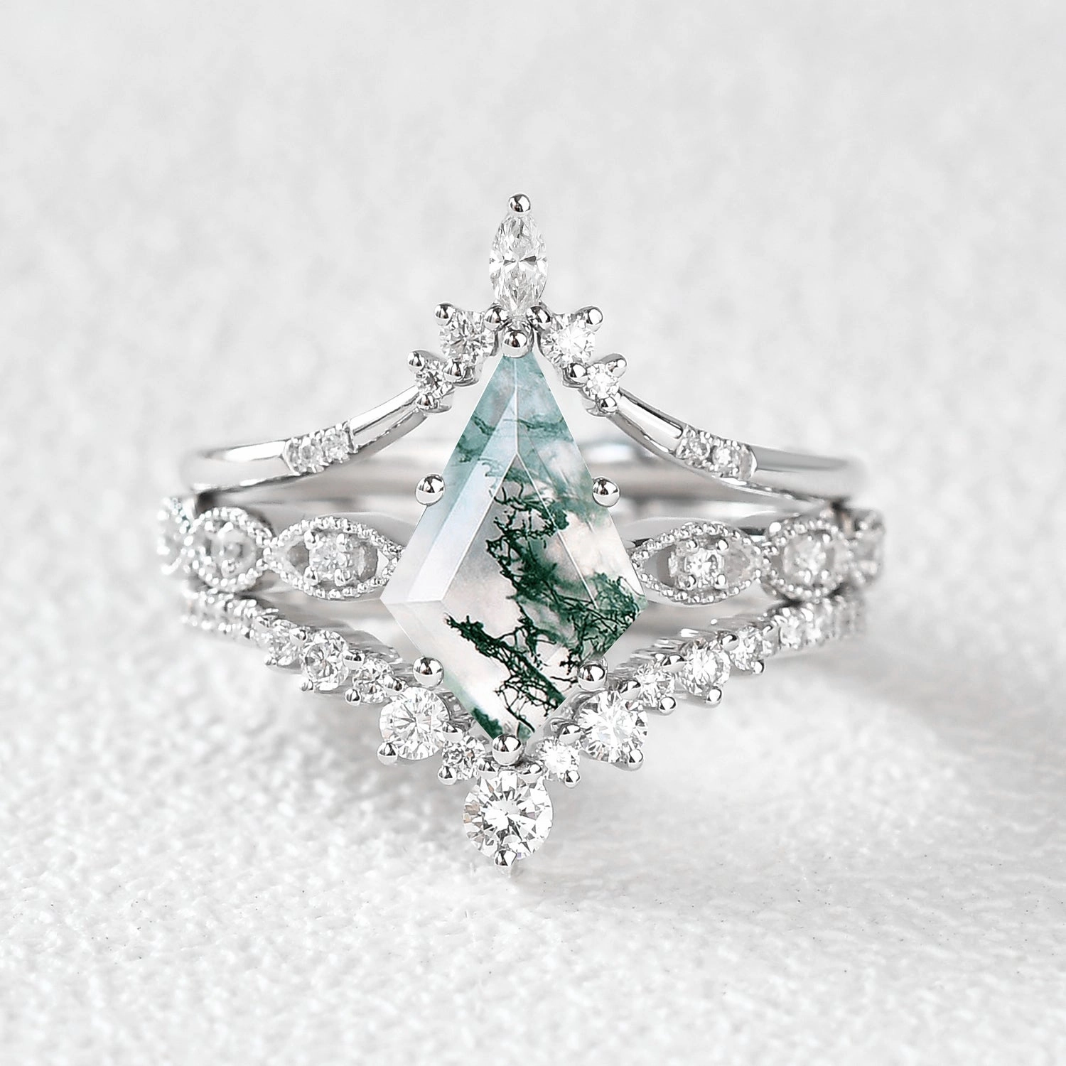 Fashion Accessory Vintage Kite Cut Moss Agate Engagement Ring Set 3pcs