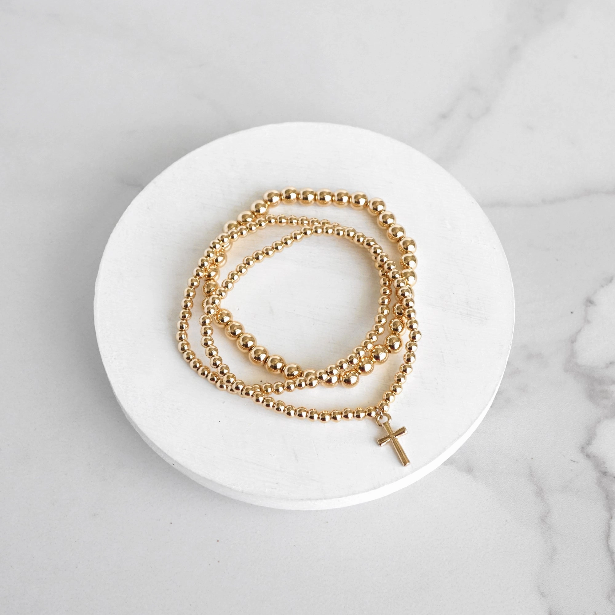 Minimal Cross charm Stretchy Bracelet Set in Gold tone with Ball Beads Playful Patterns