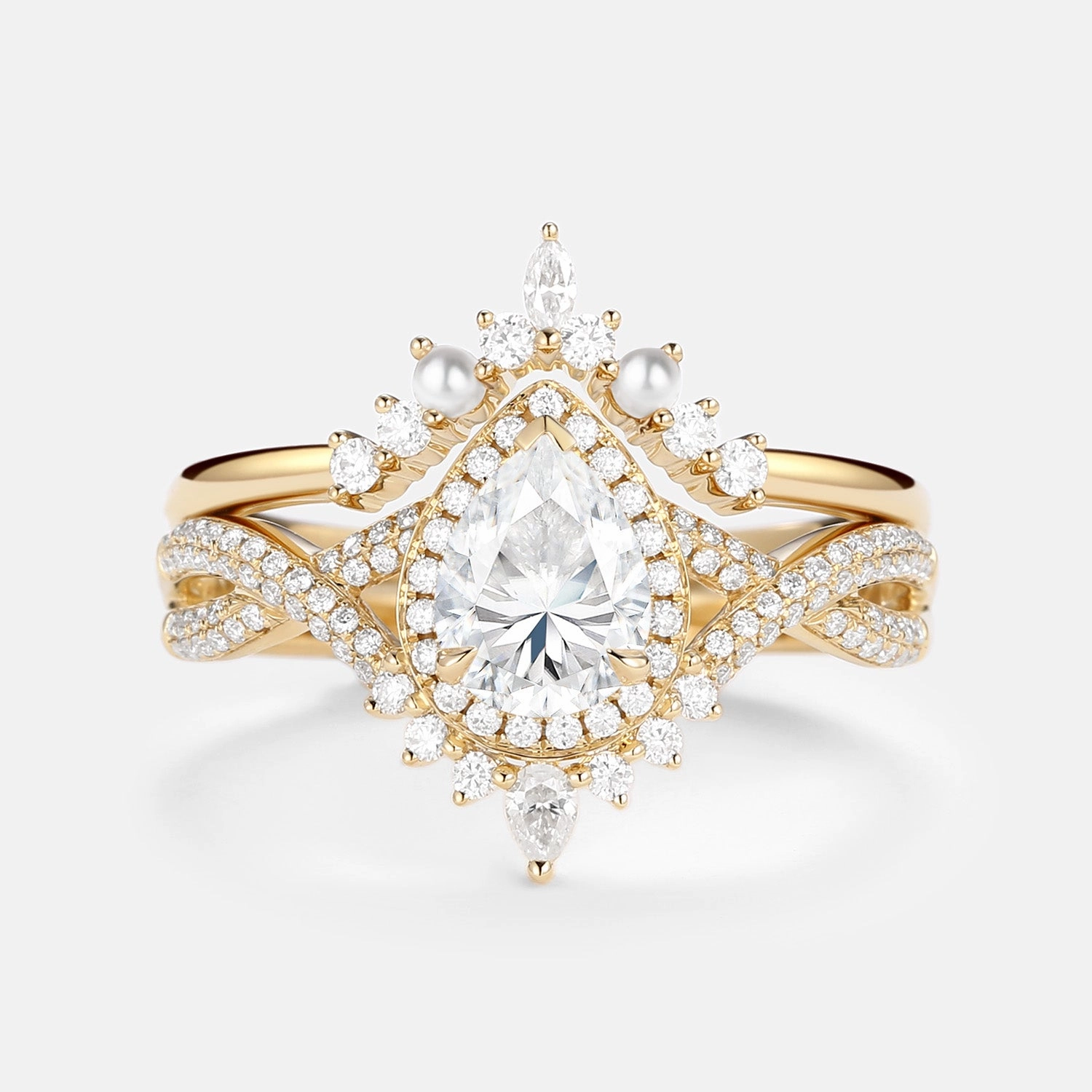 Versatile Charm 1.5ct Pear Moissanite & Pearl Halo Infinity Ring Set 2pcs