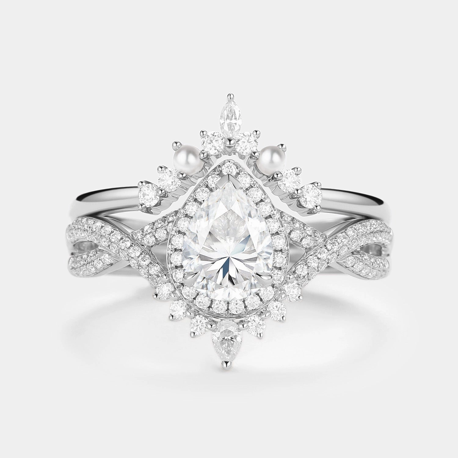 High-Quality Piece 1.5ct Pear Moissanite & Pearl Halo Infinity Ring Set 2pcs