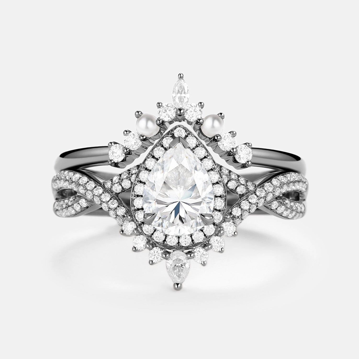 Soft Edge Soft Glamour 1.5ct Pear Moissanite & Pearl Halo Infinity Ring Set 2pcs