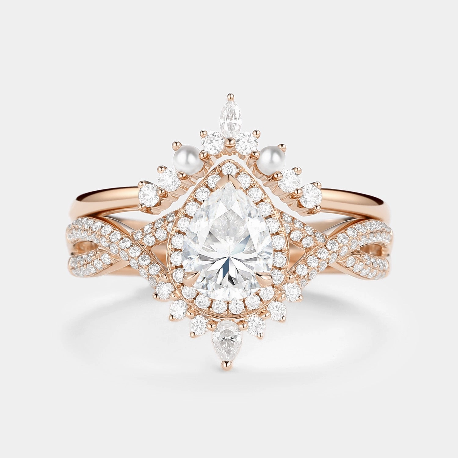 1.5ct Pear Moissanite & Pearl Halo Infinity Ring Set 2pcs Contemporary Feel Cozy Detail