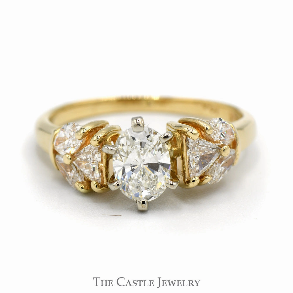 Traditional Symbol 1.6cttw Oval Diamond Solitaire with Trillion Cut and Marquise Cut Accents in 14k Yellow Gold