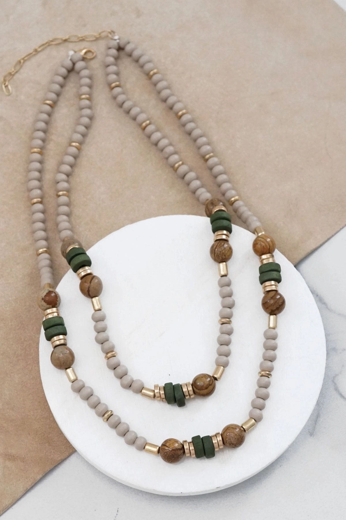 Premium Adornment Adult Chain Accessory Multi Strand Wooden and Stone Beads Short Statement Necklace in Gray Green Brown and Gold